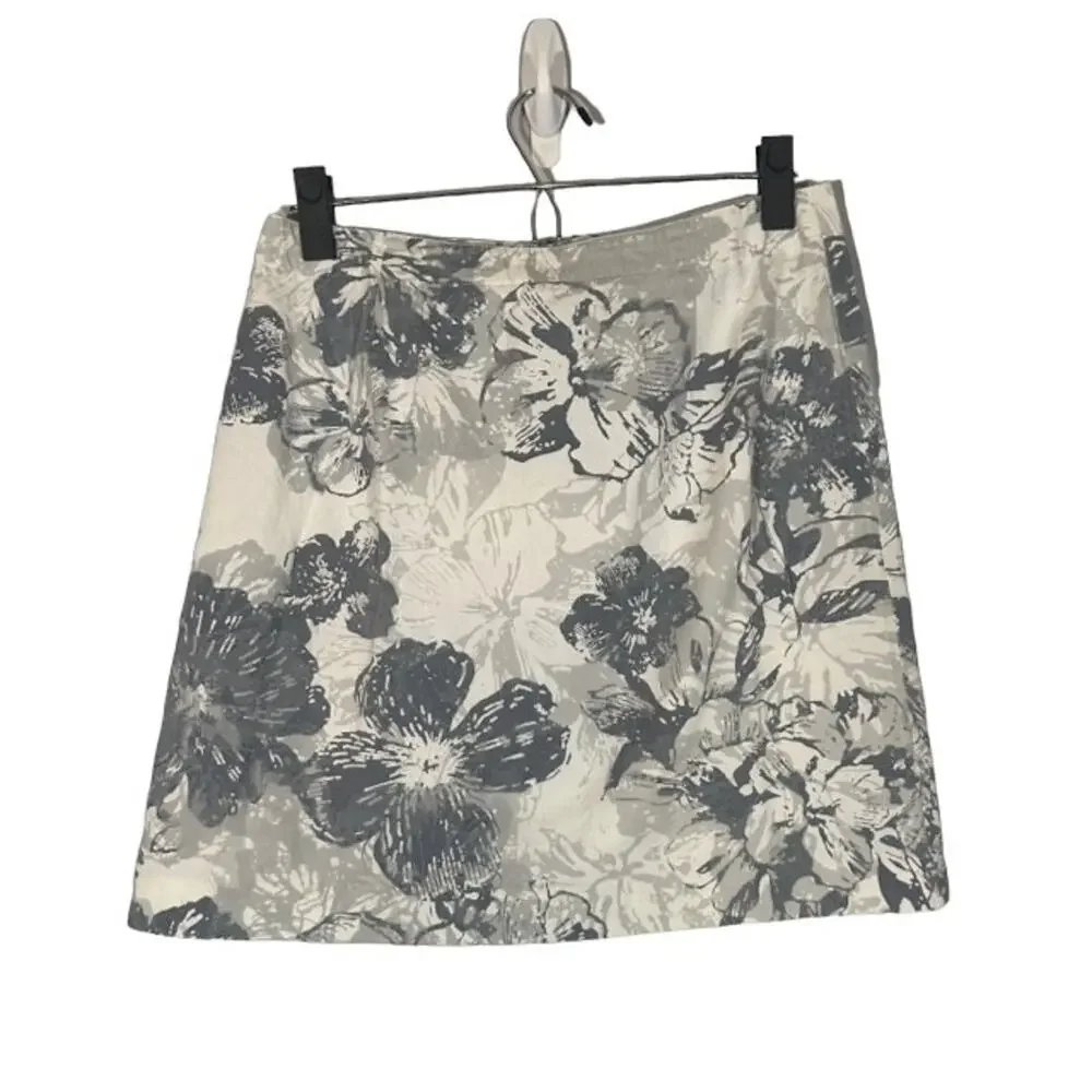 Ann Taylor Gray & White Floral 100% Cotton Short Fitted Pencil Skirt Women Sz 6